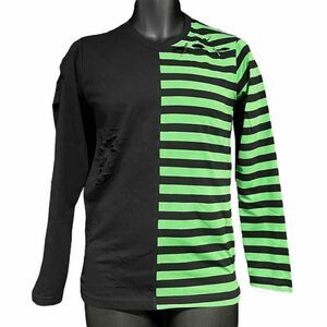 Custom Distressed Green & Black Striped Split Long Sleeve Shirt Men’s XS